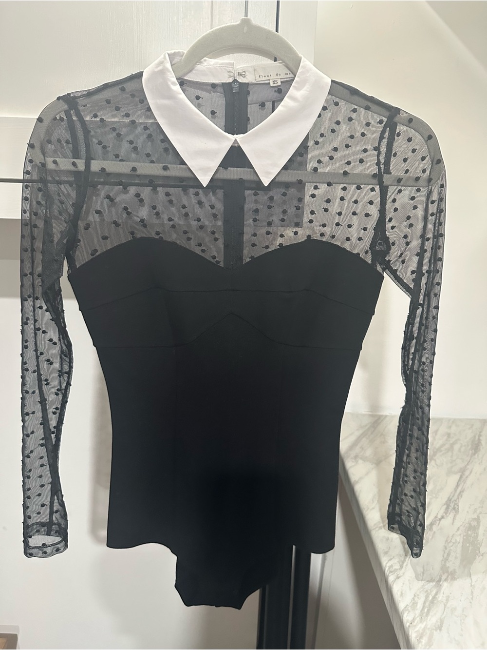 Fleur du Mal Black Sheer Polka Dot Bodysuit with White Collar